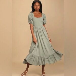 Lulu’s Heart to Heart Olive Green Puff Sleeve Tie-Back Midi Dress